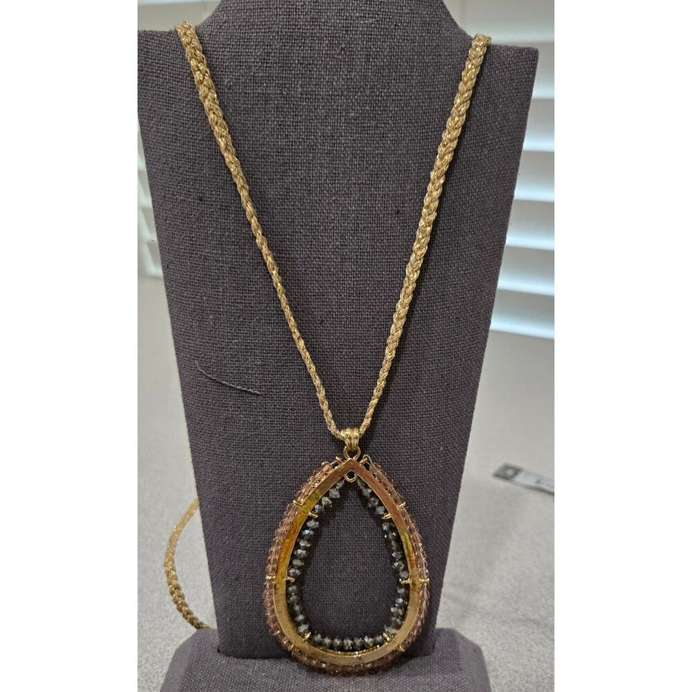 Jessica Simpson Gold Amber Clear Beaded Tear Drop Pendant Necklace Braided